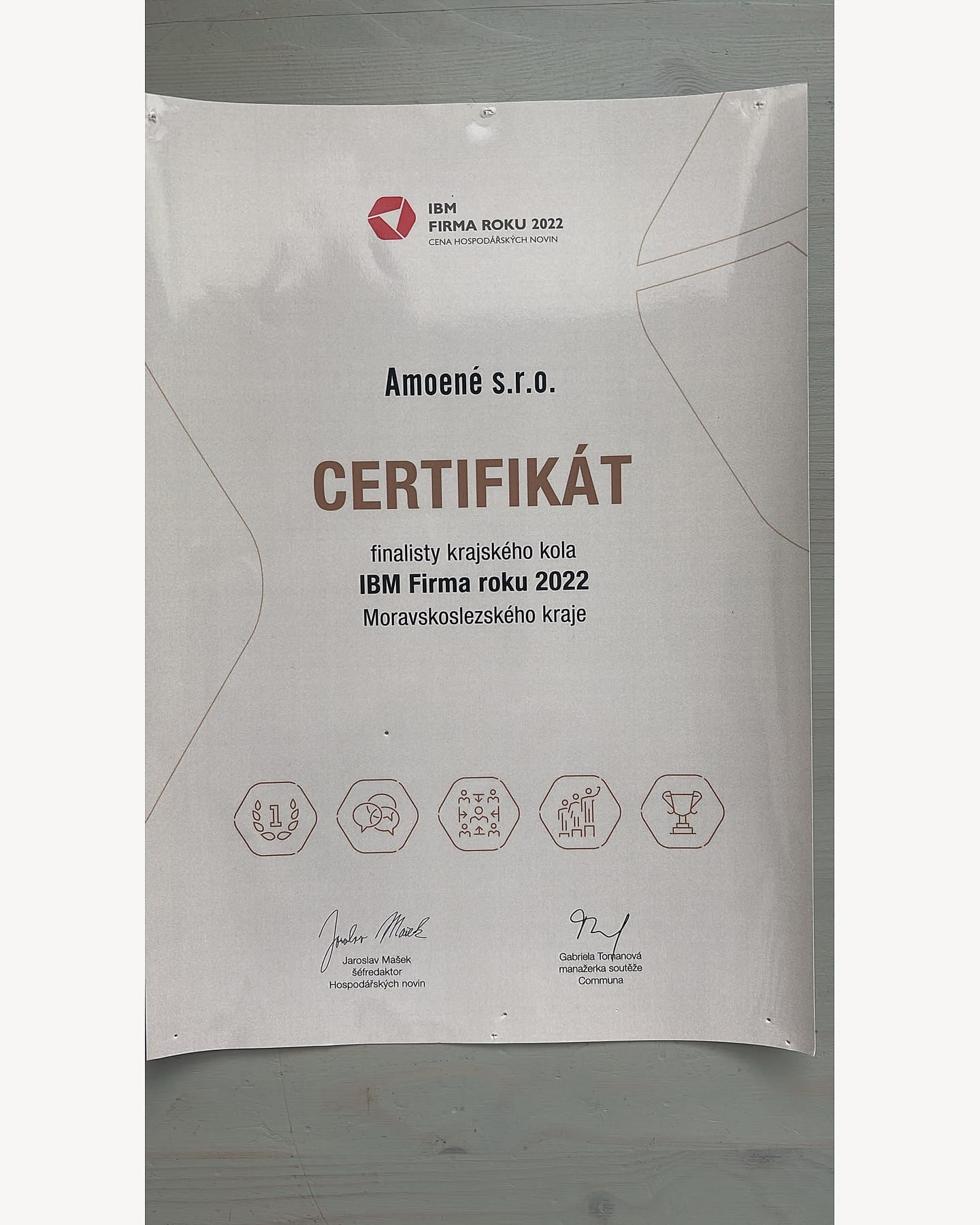 Certifikát finalisty krajského kola IBM Firma roku 2022 pro Amoené