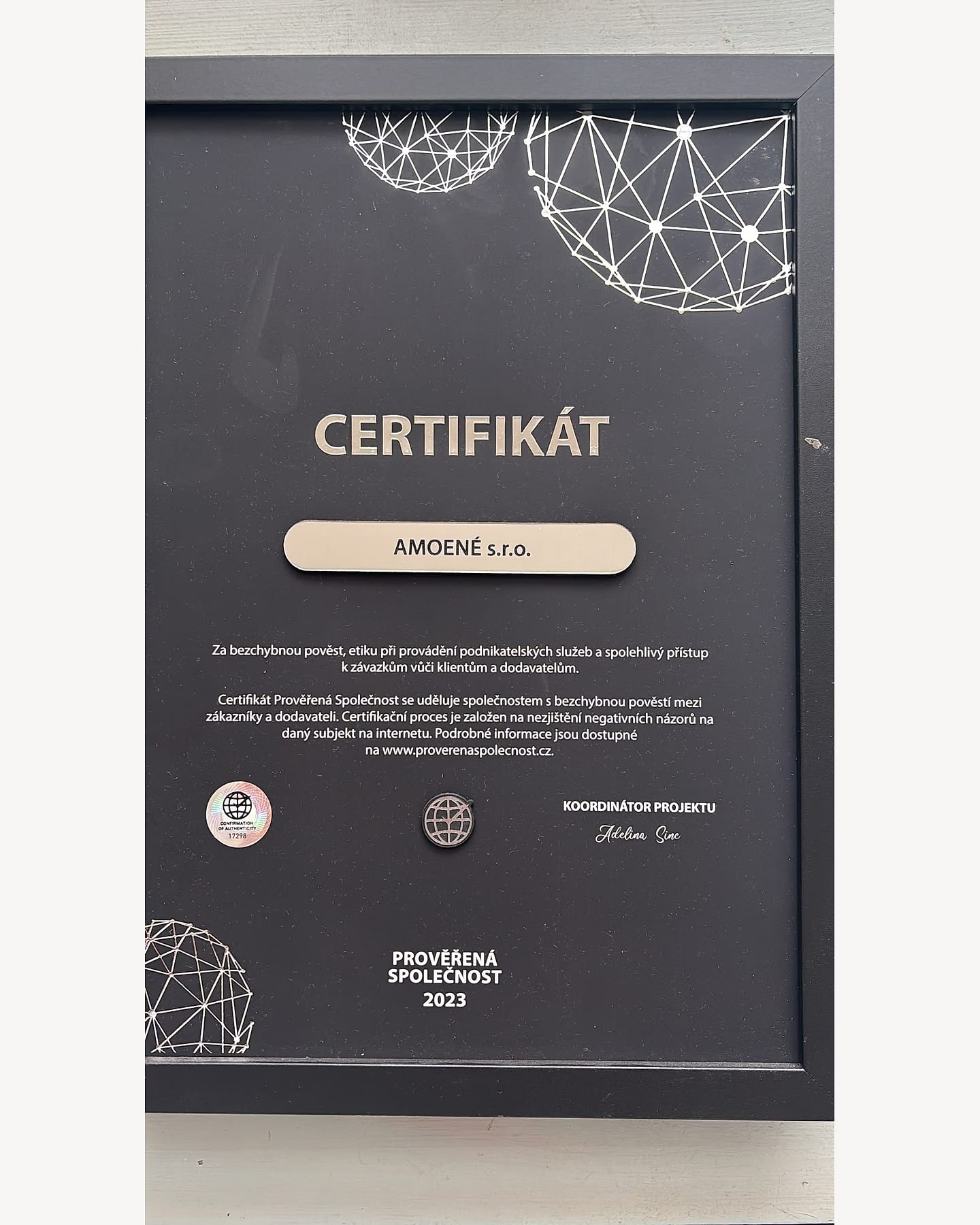 Certifikát Prověřená společnost 2023 pro Amoené
