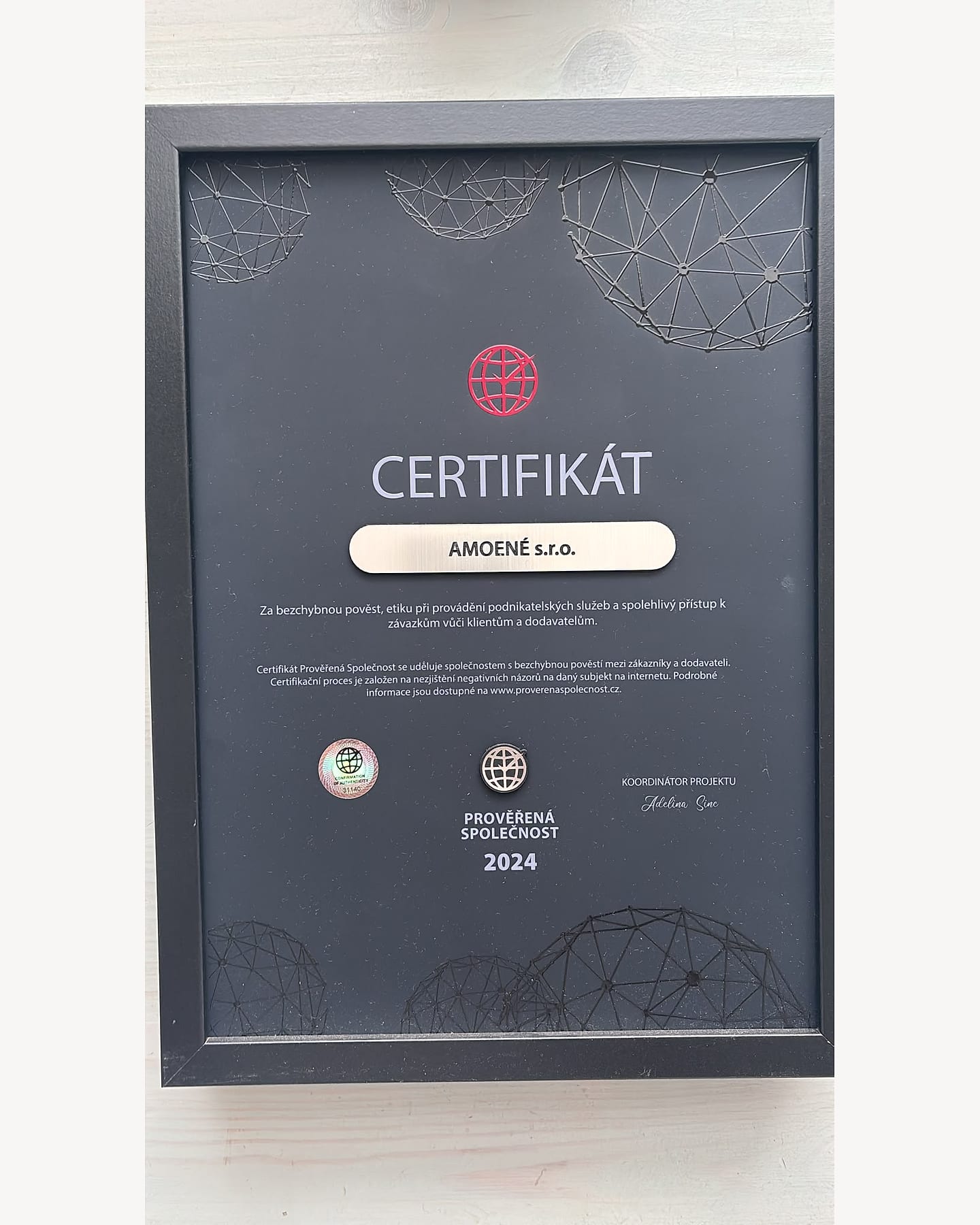 Certifikát Prověřená společnost 2024 pro Amoené
