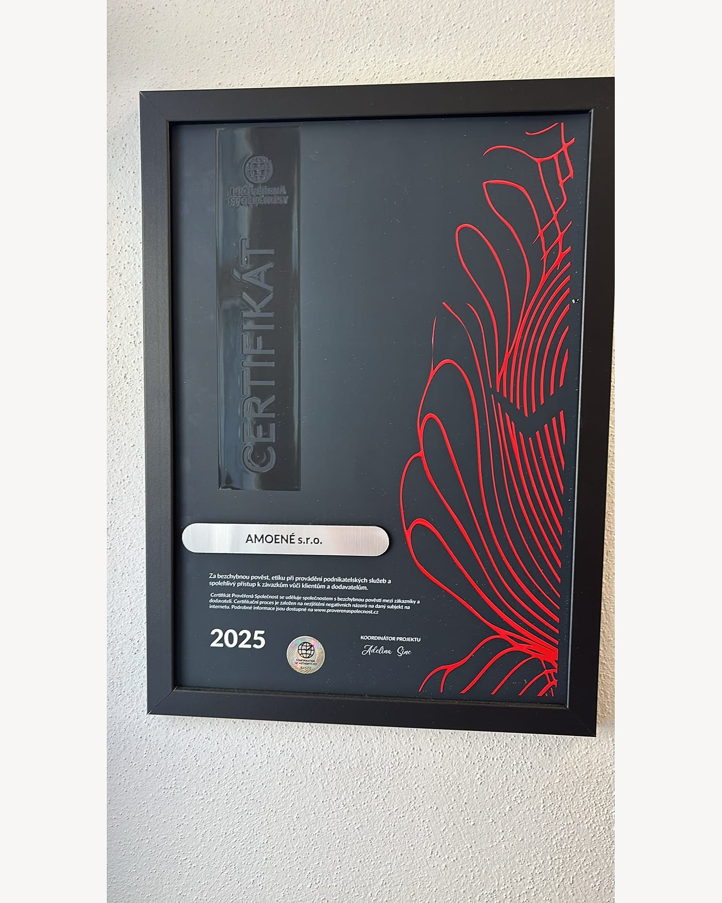 Certifikát Prověřená společnost 2025 pro Amoené