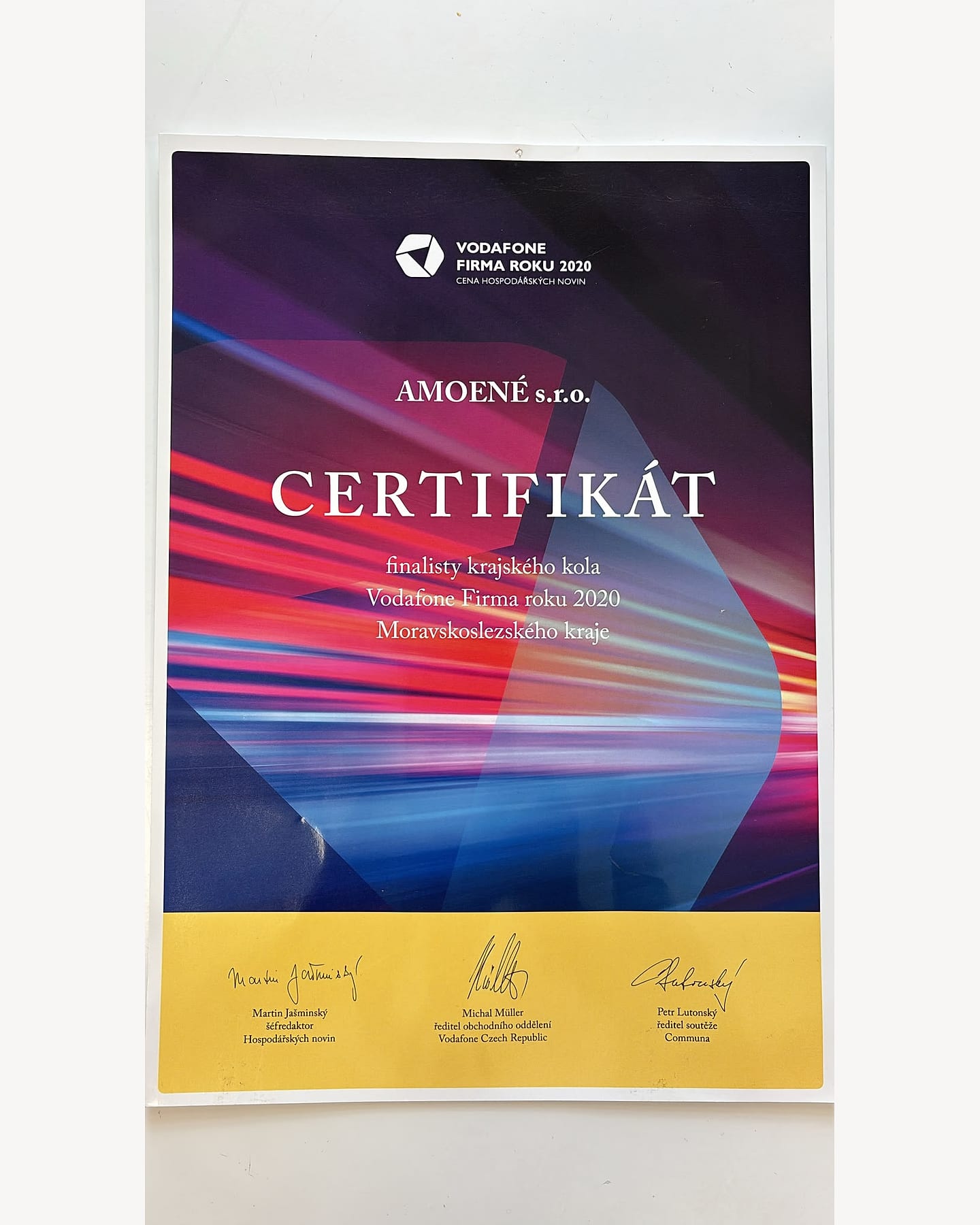 Certifikát finalisty krajského kola Vodafone Firma roku 2020 pro Amoené