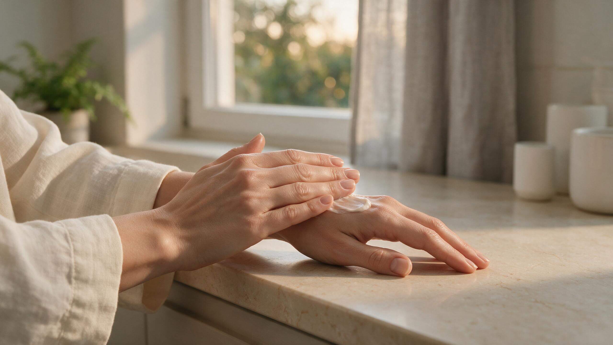 Žena jemně vmasírovává krém do hřbetů rukou během večerního rituálu