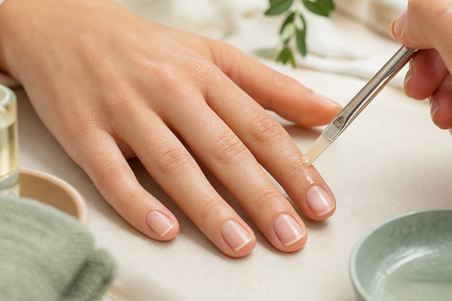 Nanášení regeneračního oleje na čistý přírodní nehet a jeho okolí