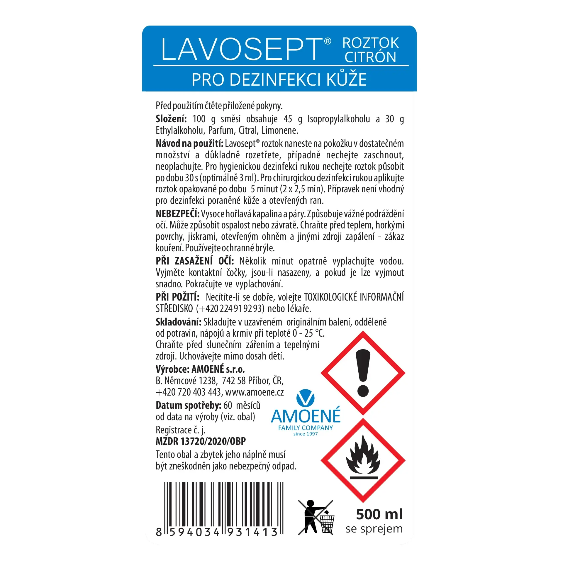 Lavosept® roztok - dezinfekce s vůni citronu, 500 ml