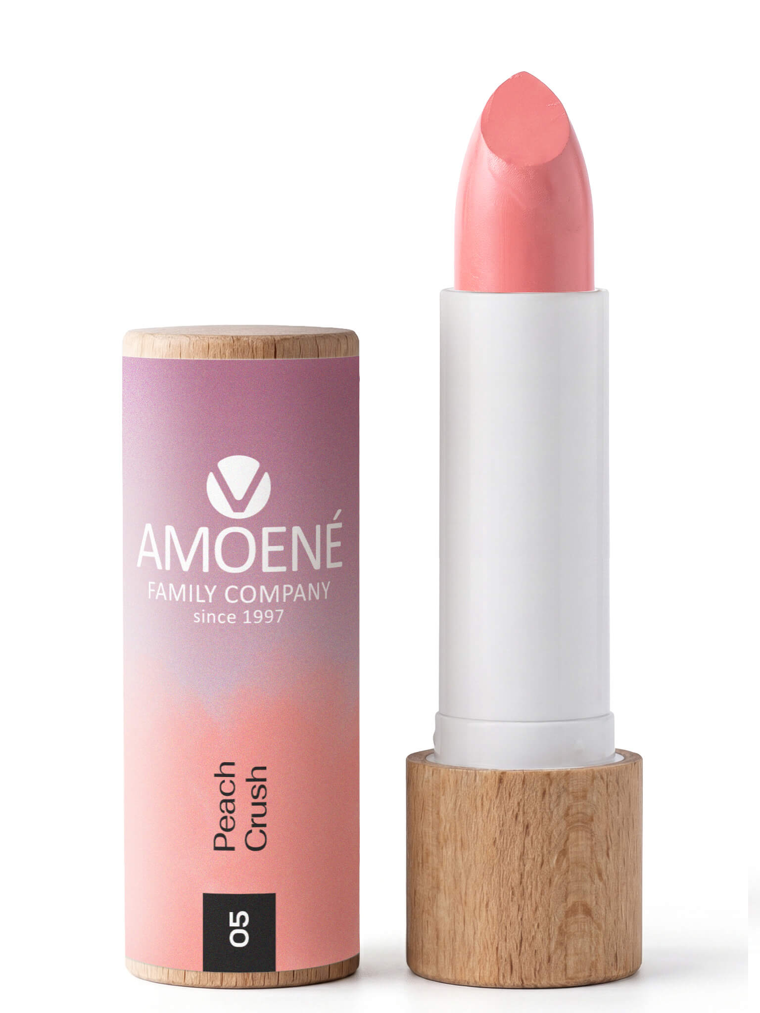 Amoené hedvábná rtěnka č. 05 Peach Crush v dřevěném obalu, 4,2 g