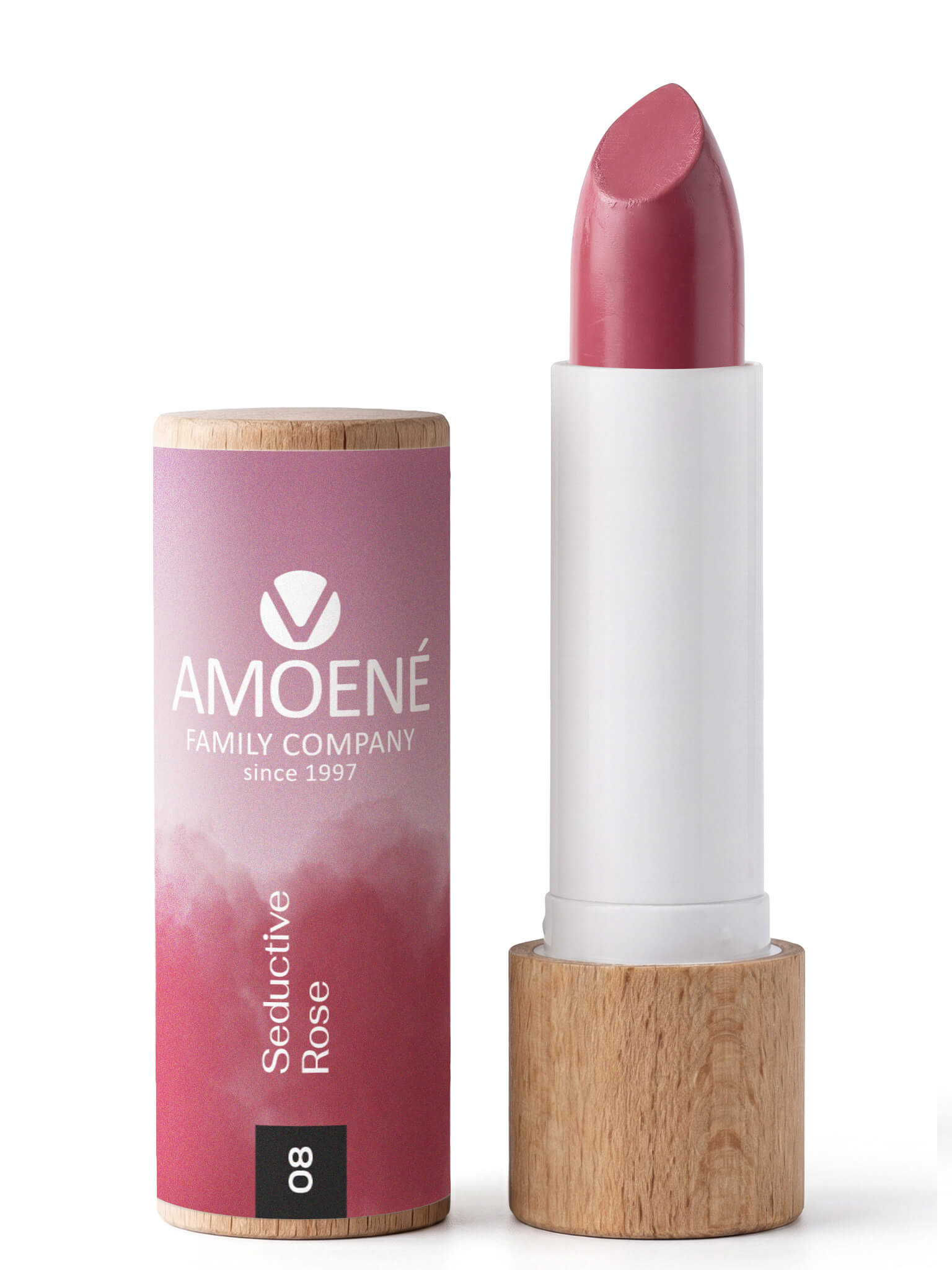 Amoené hedvábná rtěnka č. 08 Seductive Rose v dřevěném obalu, 4,2 g