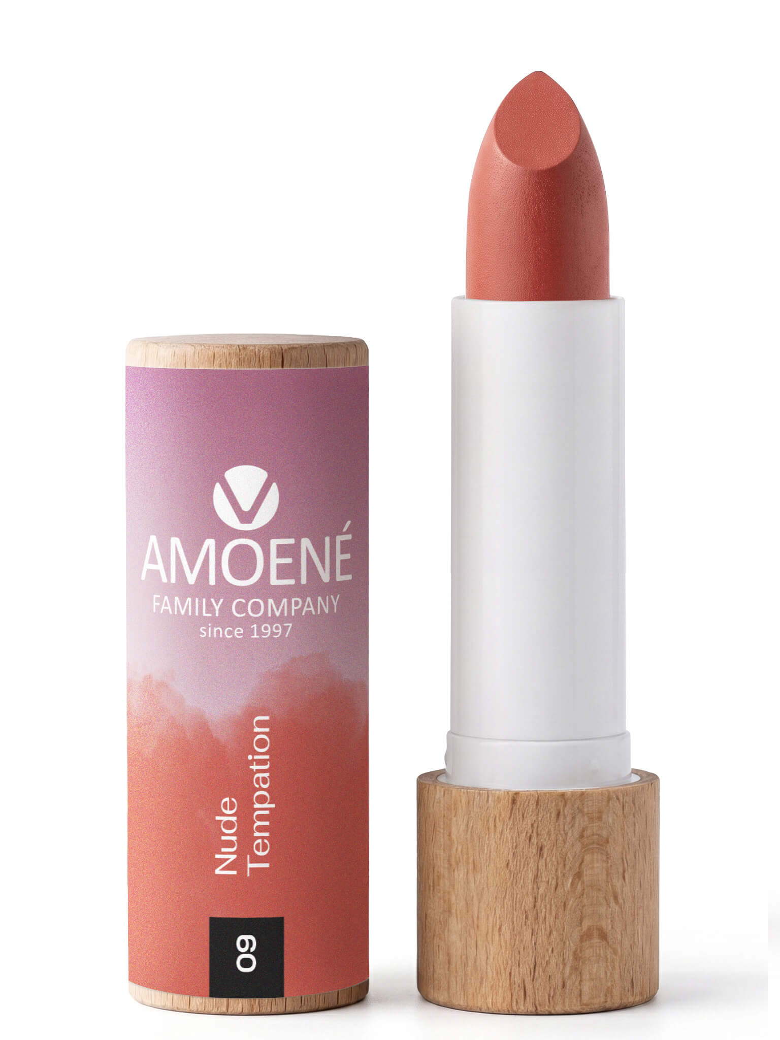 Amoené hedvábná rtěnka č. 09 Nude Temptation v dřevěném obalu, 4,2 g