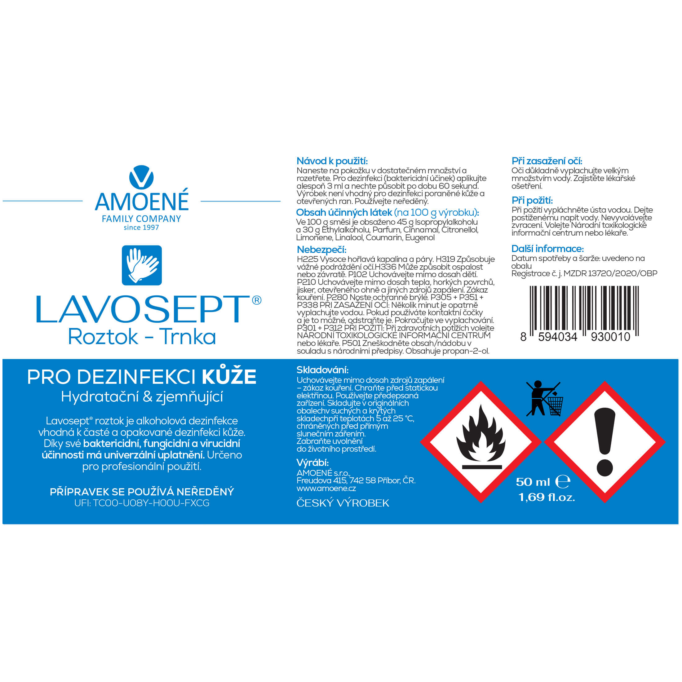 Amoené Lavosept® Roztok Trnka 50 ml - Hydratační dezinfekce do kapsy