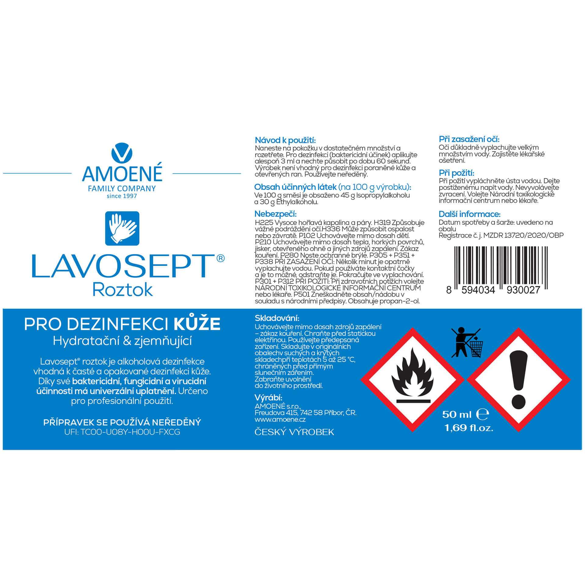 Amoené LAVOSEPT® Roztok bez vůně, 50 ml - Hydratační dezinfekce do kapsy