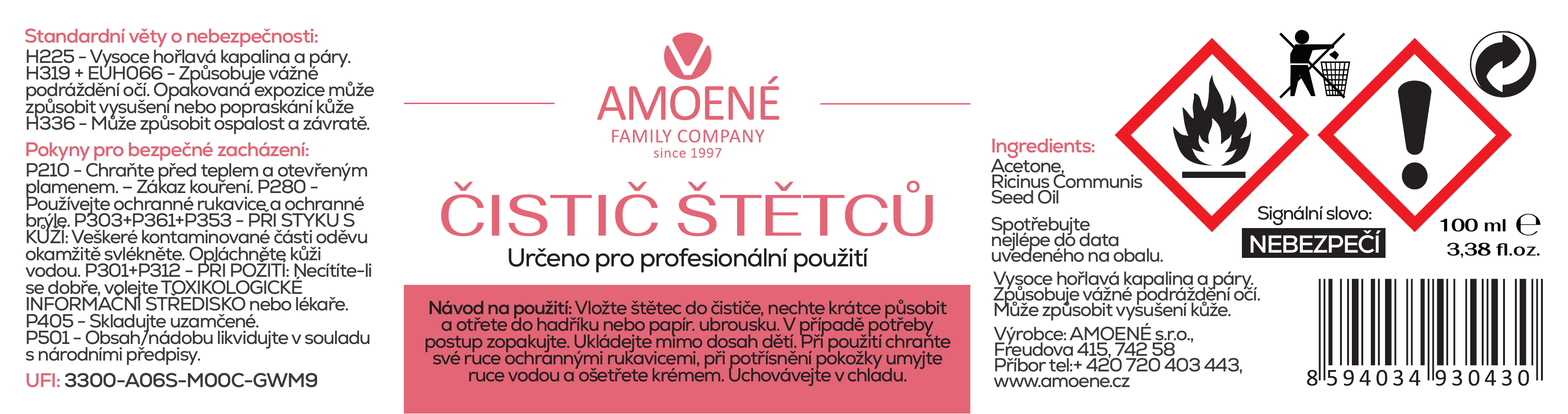 Amoené profesionální čistič štětců na acetonové bázi, 100 ml