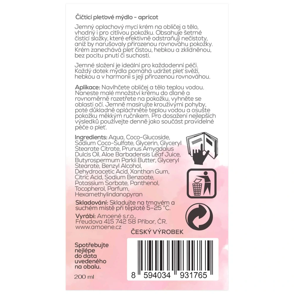 Čisticí pleťové mýdlo Apricot – Šetrná péče pro citlivou pleť 200ml