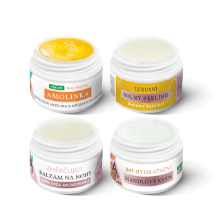 Testovací sada tělové kosmetiky - Mandlový krém, Amolinka Beta-karoten, Peeling, Balzám Urea, 4x5 ml