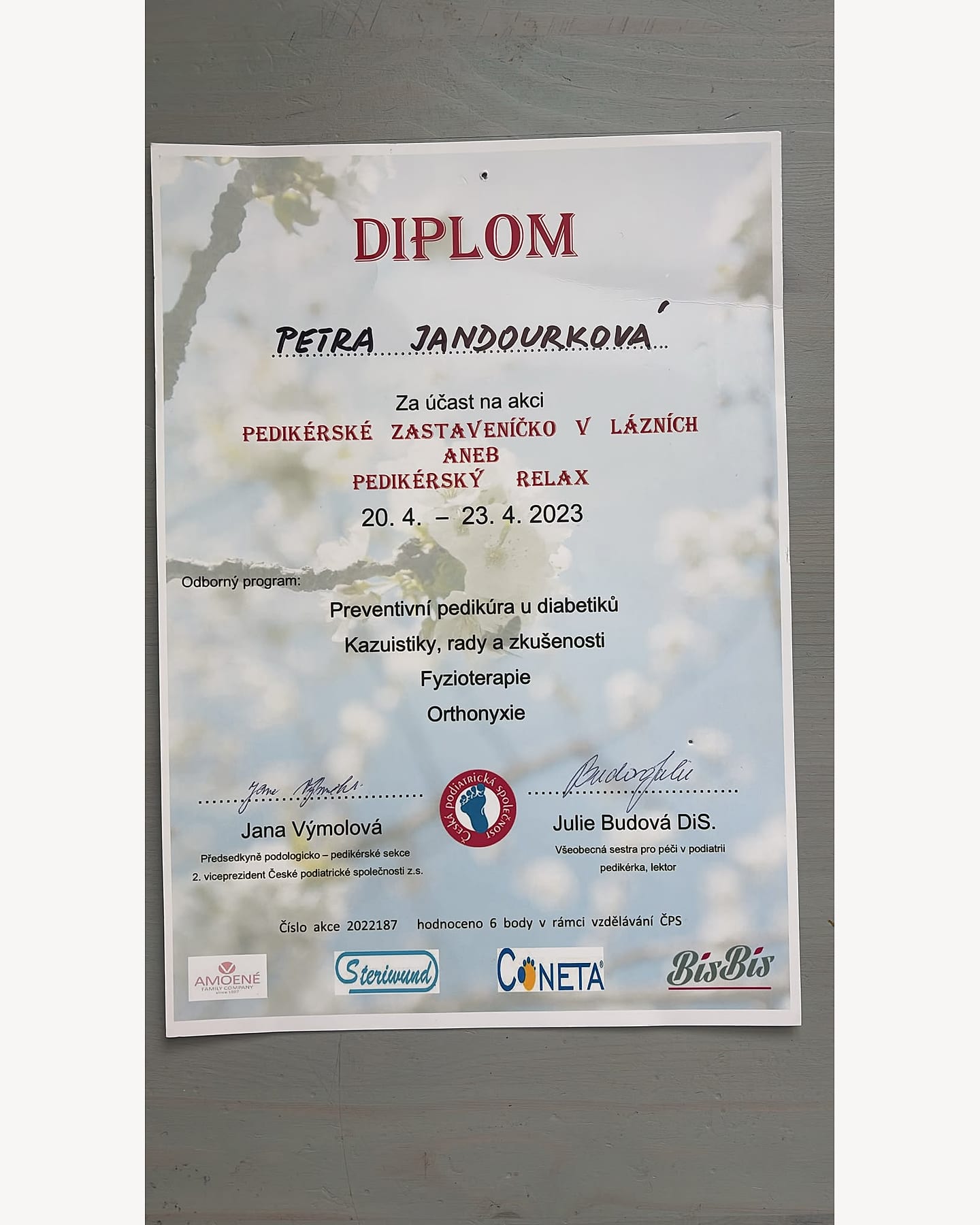 Diplom Petry Jandourkové za účast na odborném pedikérském programu v roce 2023
