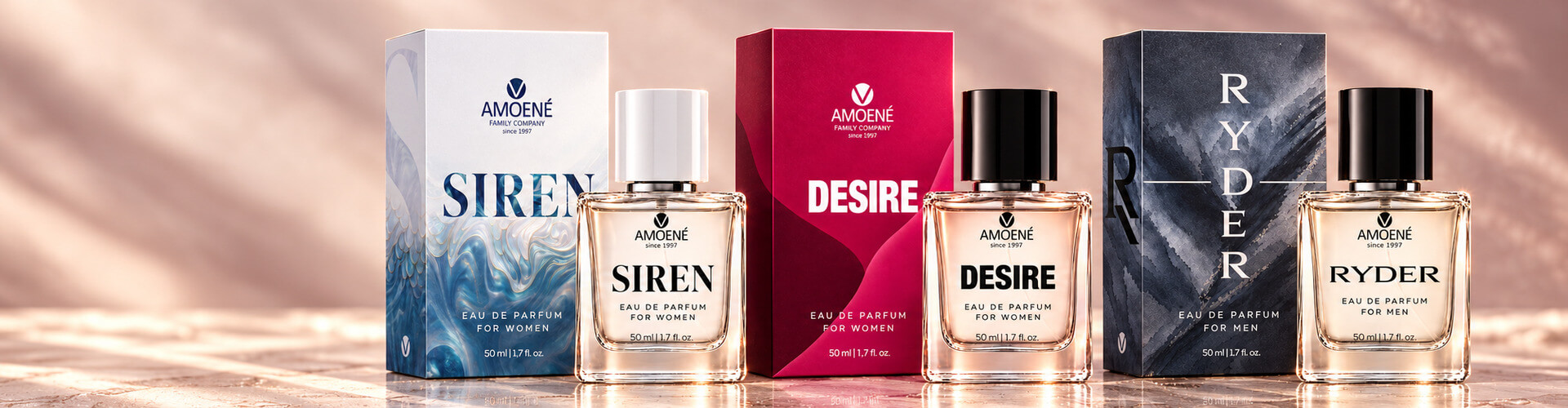 Nové parfémy AMOENÉ SIREN, DESIRE a RYDER – flakony 50 ml s dárkovými krabičkami